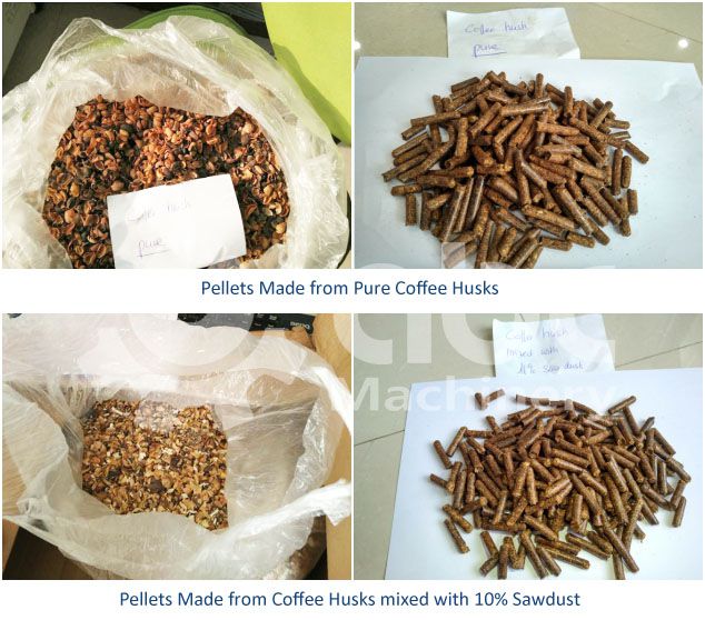 coffee pulp husk pellets produced by small sized flat die pellet machine for home, farm use